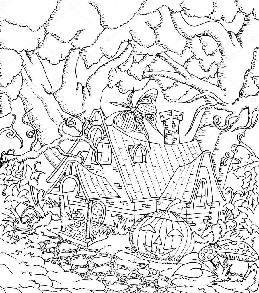 Dibujos de Casa de Hadas en Halloween para colorear