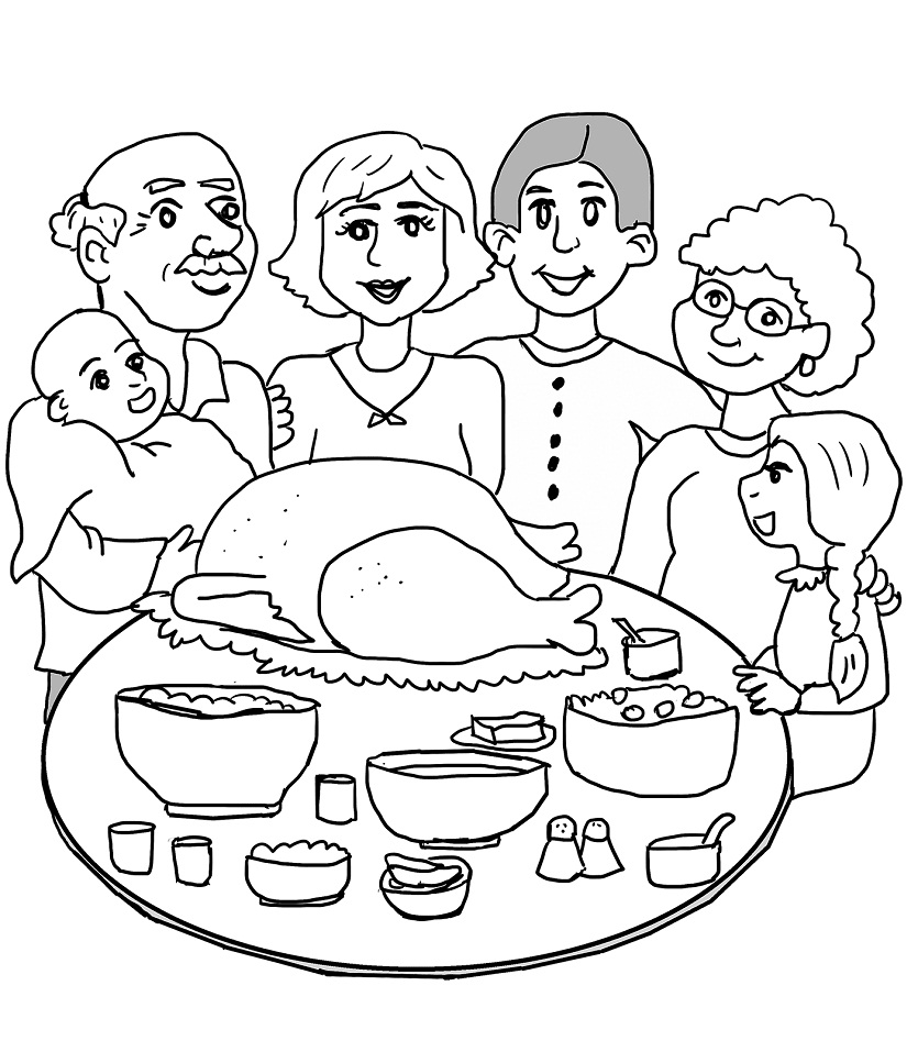 Dibujos de Cena Familiar de Acción de Gracias para colorear