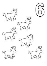Dibujos de Número Seis y Seis Caballos de Juguete para colorear