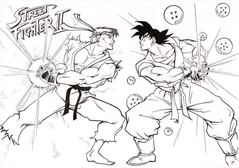 Dibujos de Ryu vs Goku del Luchador Callejero para colorear