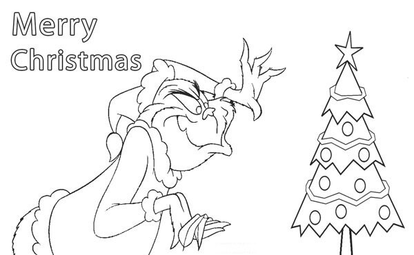 Dibujos de Grinch con Pequeño Árbol De Navidad para colorear