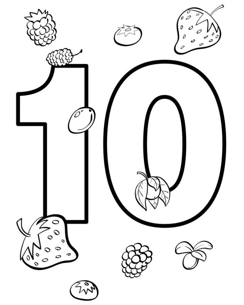 Dibujos de Número 10 y Frutas para colorear