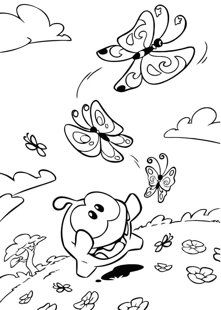 Dibujos de Om Nom Jugando con Mariposa para colorear